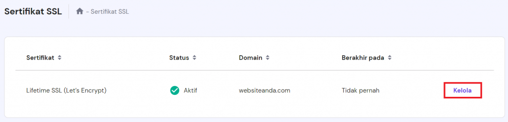 menu sertifikat ssl di hpanel