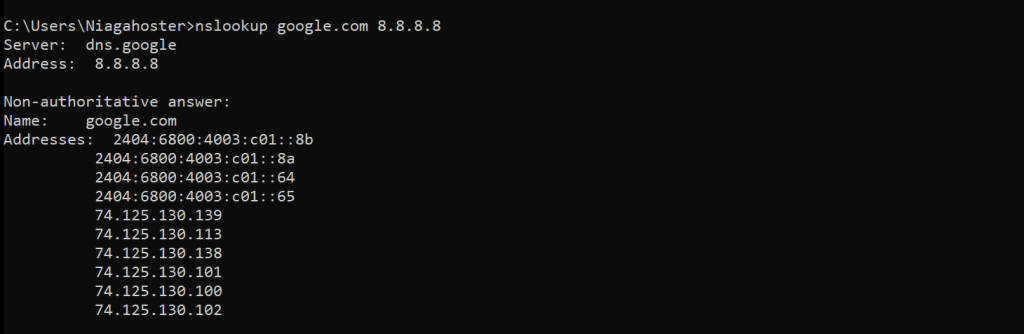 nslookup menggunakan google dns yang berfungsi