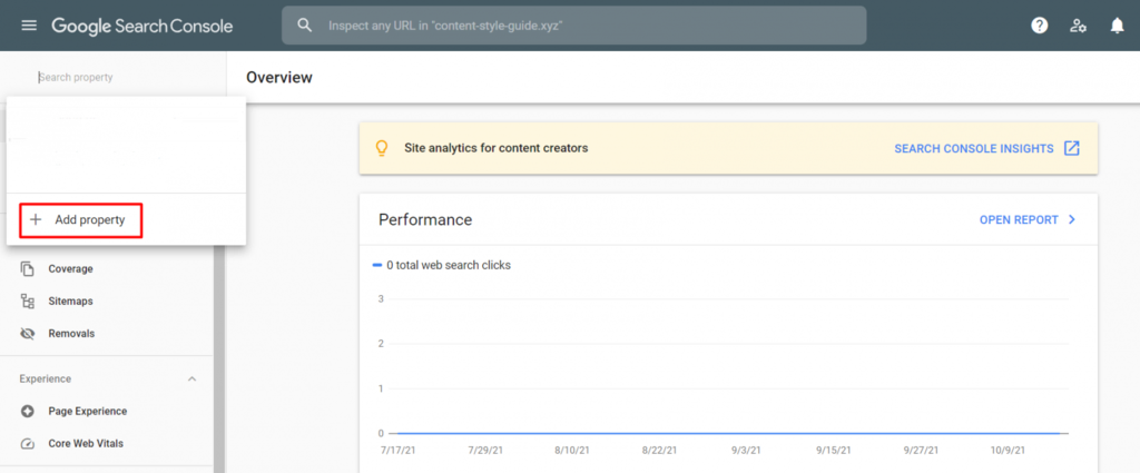 Tombol Add Property pada Google Search Console