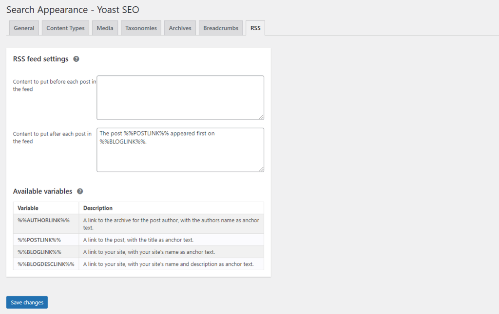 RSS pada Search Appearance Yoast