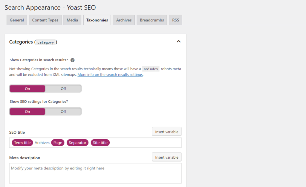 Taxonomies pada Search Appearance Yoast