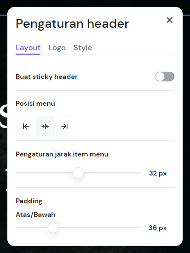 tampilan bagian pengaturan header di website builder hostinger