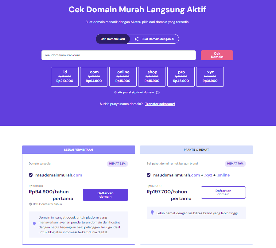 tampilan halaman pembelian domain menunjukkan pilihan domain