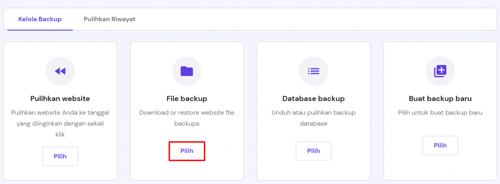 memilih tombol untuk file backup di hpanel