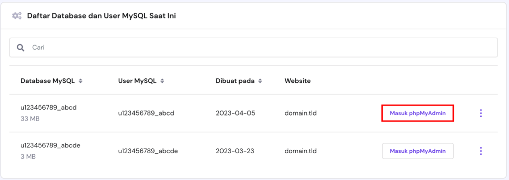 memilih masuk phpmyadmin di hpanel