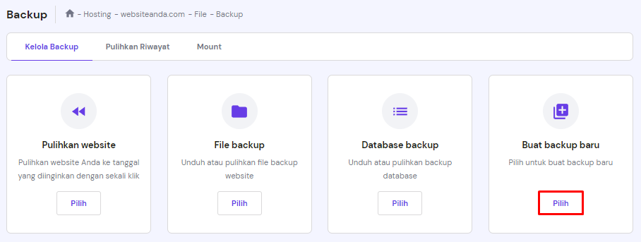 memilih tombol untuk membuat backup baru di hpanel