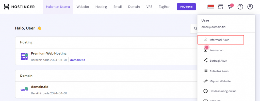 memilih informasi akun di halaman utama hpanel