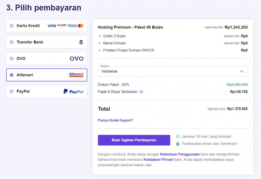 memilih metode pembayaran untuk menyelesaikan cara membeli hosting di hostinger