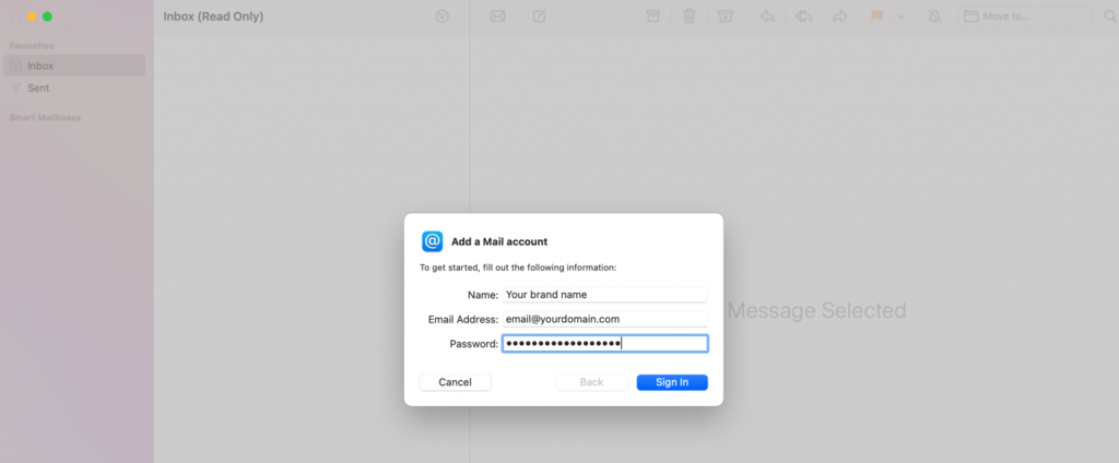 memasukkan informasi kredensial di apple mail