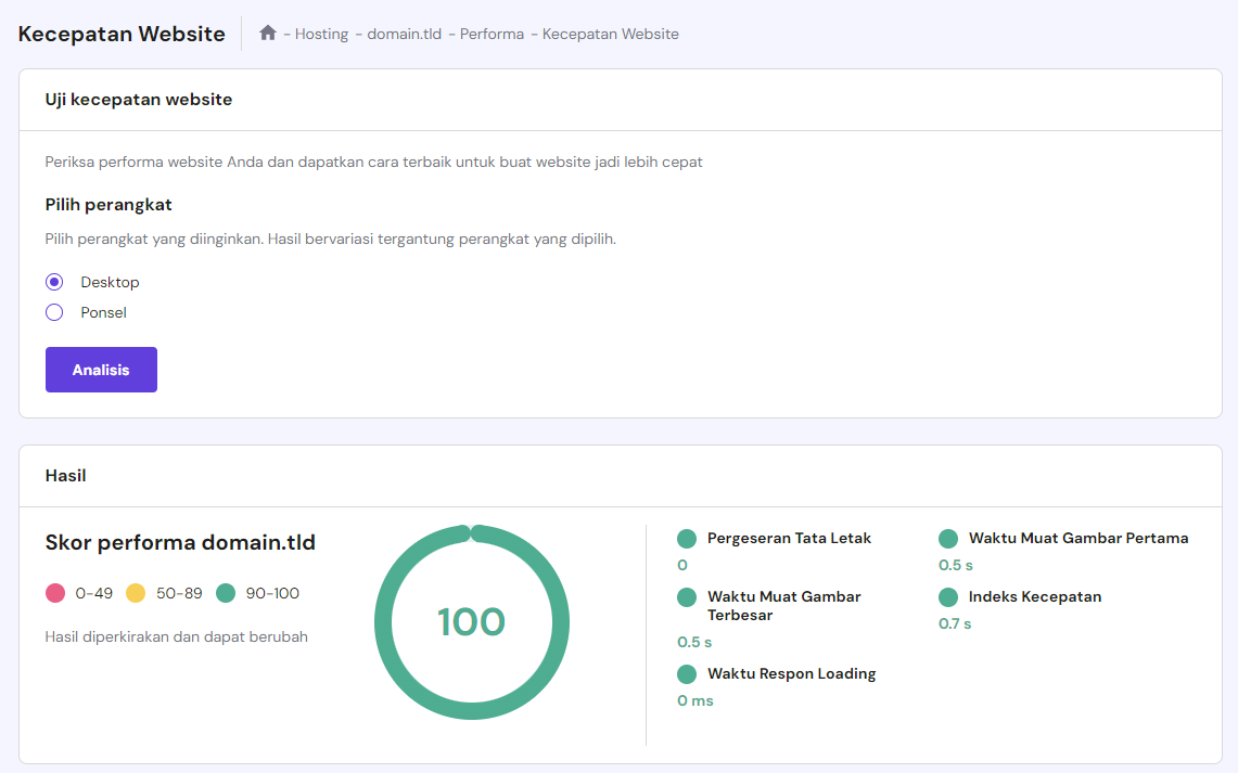 hasil pengujian kecepatan website di hpanel