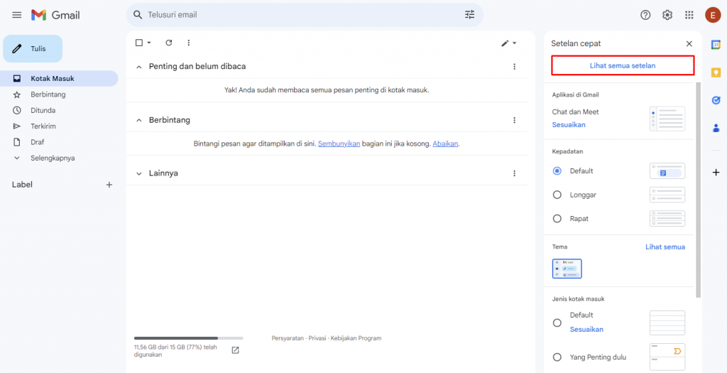 memilih lihat semua setelan di gmail