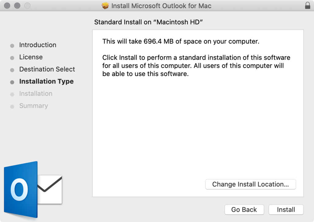 memilih jenis penginstalan outlook mac