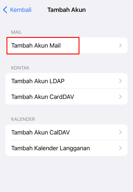 opsi tambah akun mail di ios