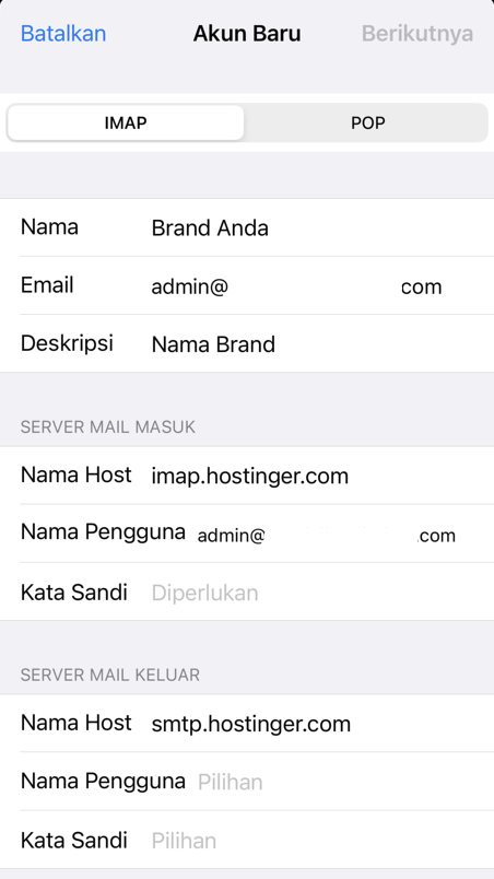 mengisi detail imap di ios