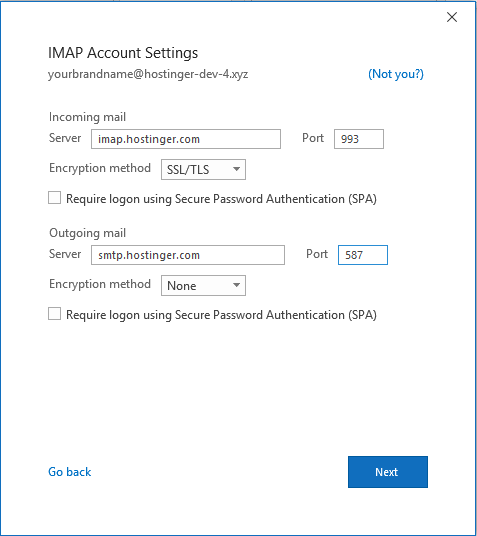 memasukkan detail server masuk dan keluar