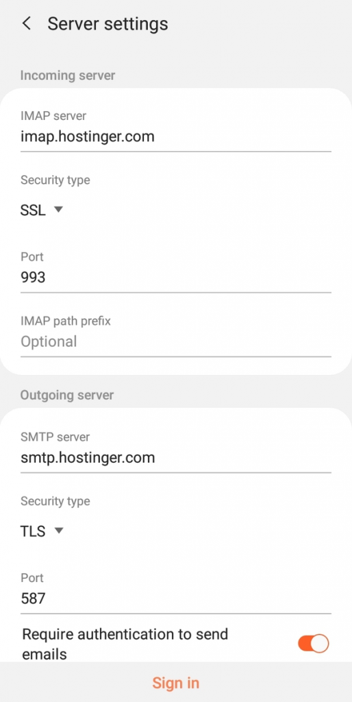 memasukkan detail imap di android