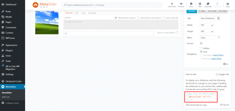 shortcode metaslider di dashboard wordpress