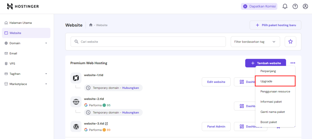 tampilan bagian website di hpanel dengan opsi upgrade yang dipilih di samping paket hosting