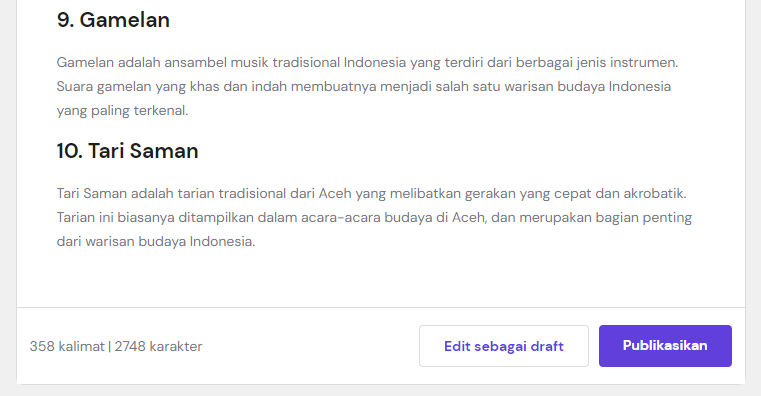 draft konten yang dibuat oleh WordPress AI Asisstant Hostinger