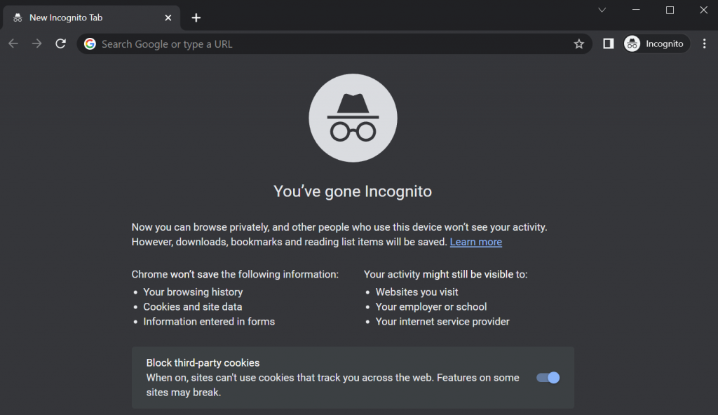 tampilan jendela chrome incognito