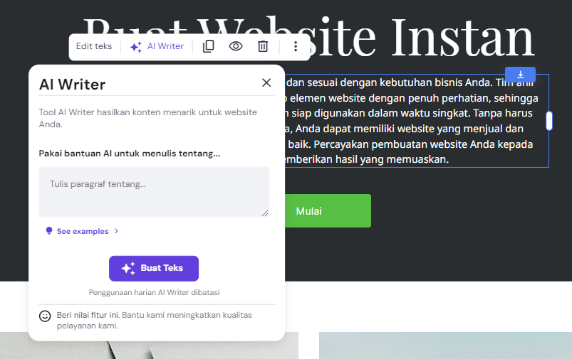 fitur ai writer untuk membuat konten dan teks website di hostinger website builder