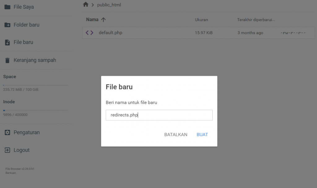 membuat file baru redirects php di file manager hostinger