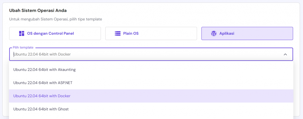 memilih sistem operasi ubuntu with docker di hpanel
