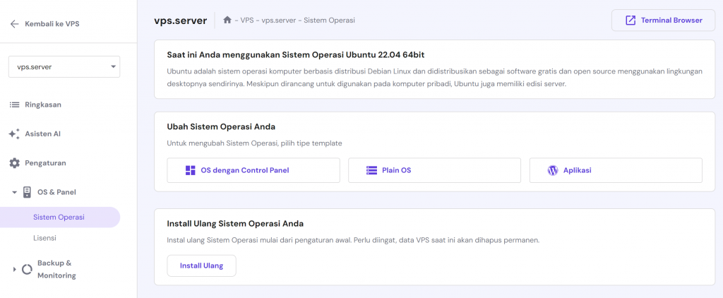 menu sistem operasi vps di hpanel