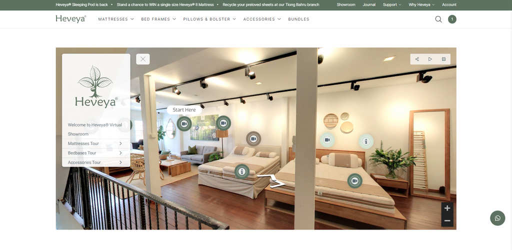 virtual room Heveya menampilkan produk dalam 360° dan ikon yang mengarahkan pengunjung ke halaman produk