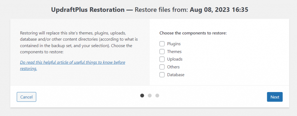 halaman restore updraftplus