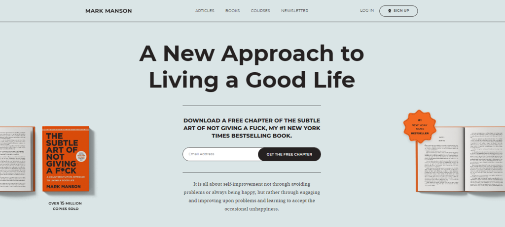 homepage mark manson sebagai salah satu contoh situs web wordpress