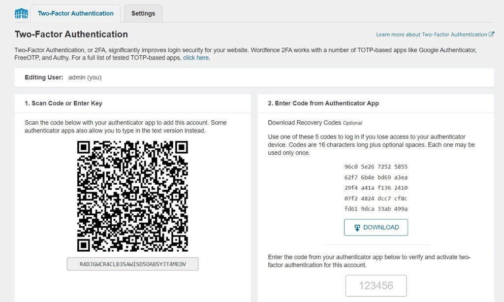 layar pengaturan 2fa keamanan wordfence di wordpress.png