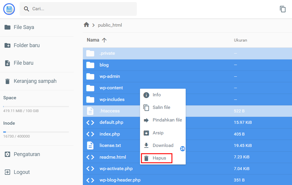 memilih hapus semua file di file manager hostinger