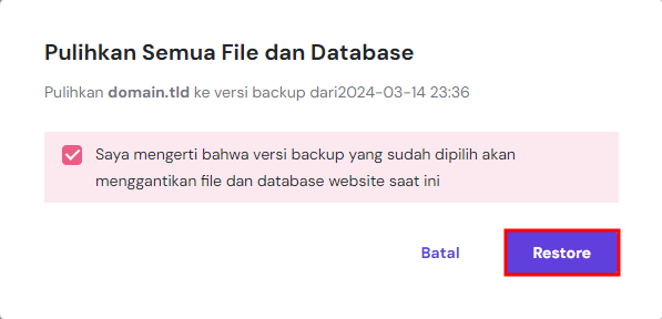 memilih restore pada popup peringatan di hpanel