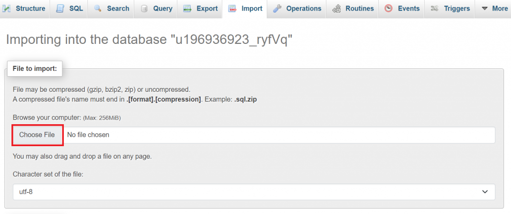 memilih tombol choose file untuk mengimpor file di phpmyadmin