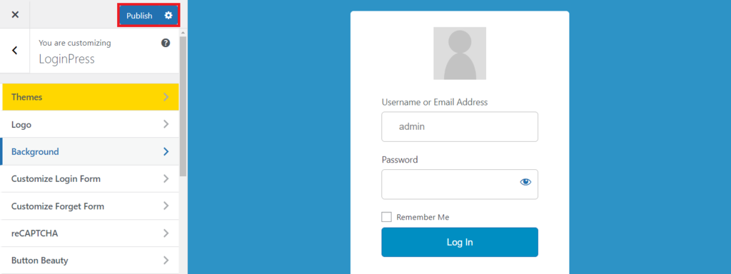 memilih tombol publish di customizer LoginPress untuk mengganti tampilan login wordpress