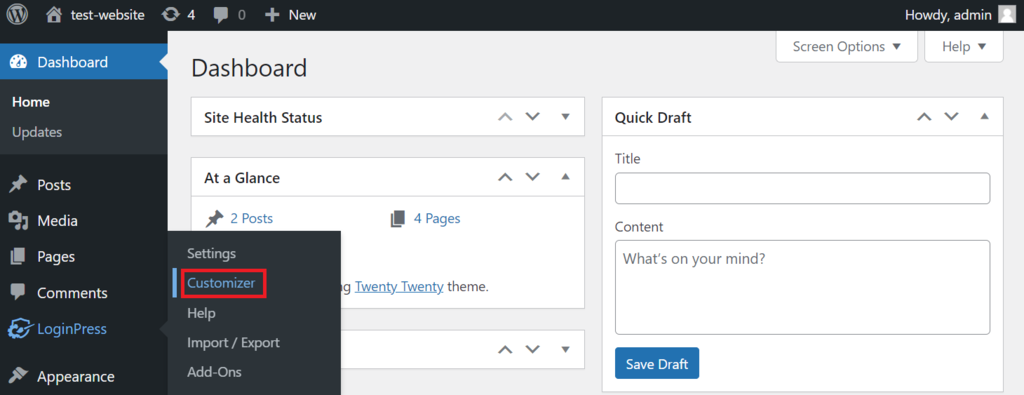 menu customizer LoginPress di sidebar WordPress