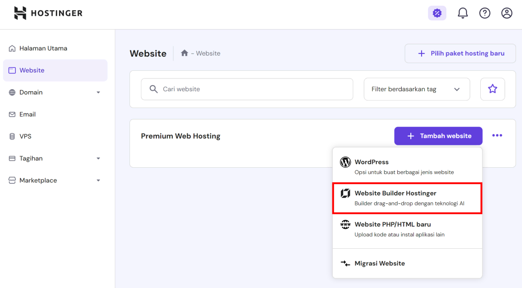 tampilan opsi website di hpanel dengan tombol tambah website builder hostinger yang dipilih