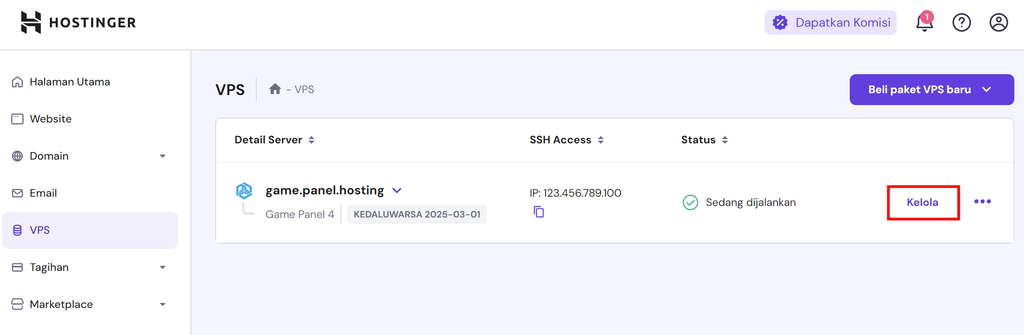 tampilan vps hpanel dengan tombol kelola pada game panel hosting yang dipilih