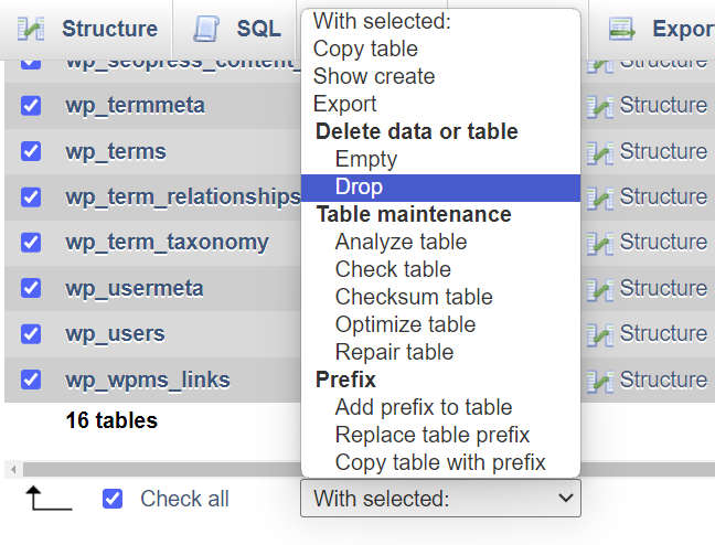 memilih drop untuk menghapus database di phpmyadmin