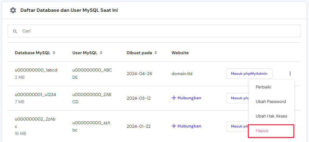 memilih hapus database di hpanel