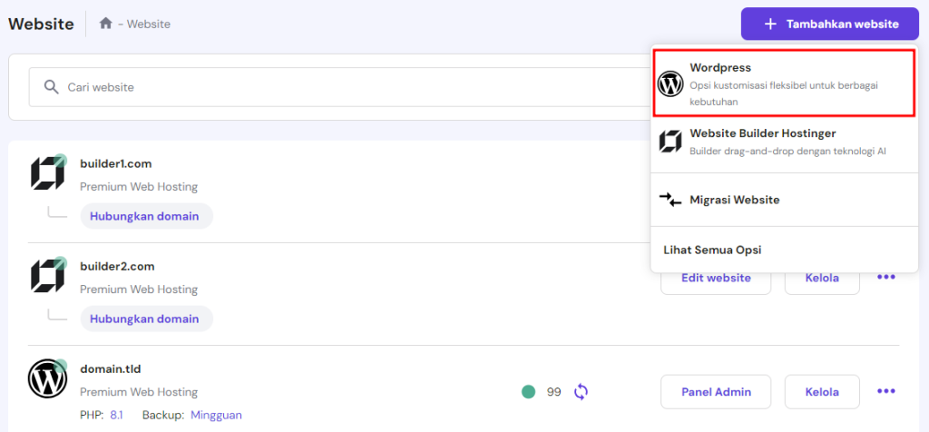memilih wordpress di hpanel untuk membuat website baru
