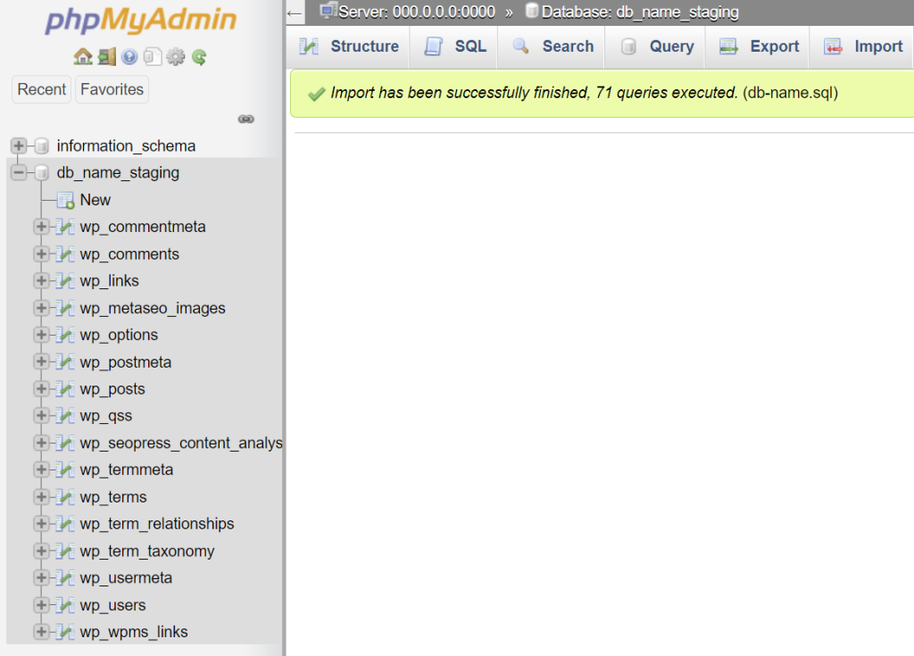 konfirmasi berhasil mengimpor database di phpmyadmin