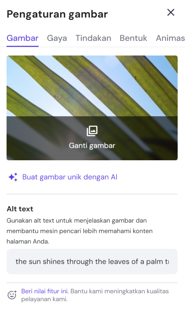 tampilan menu pengaturan gambar di hostinger website builder