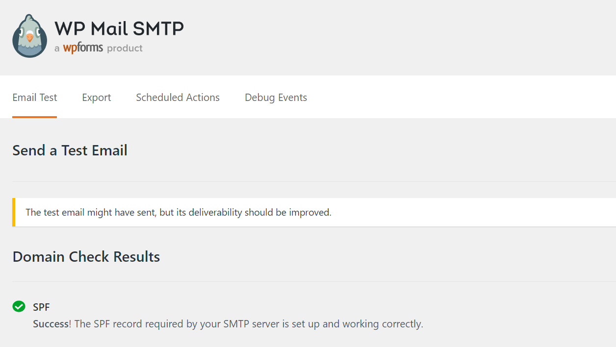WP Mail SMTP mengonfirmasi keberhasilan pengiriman email percobaan