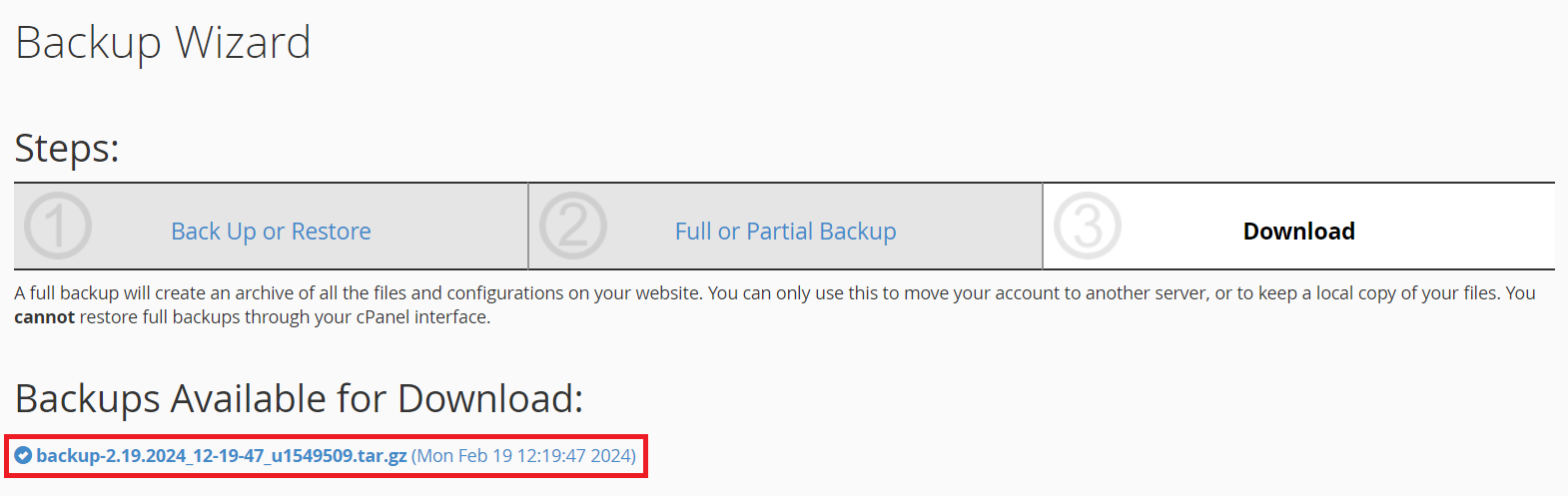 backup siap didownload di cpanel backup wizard