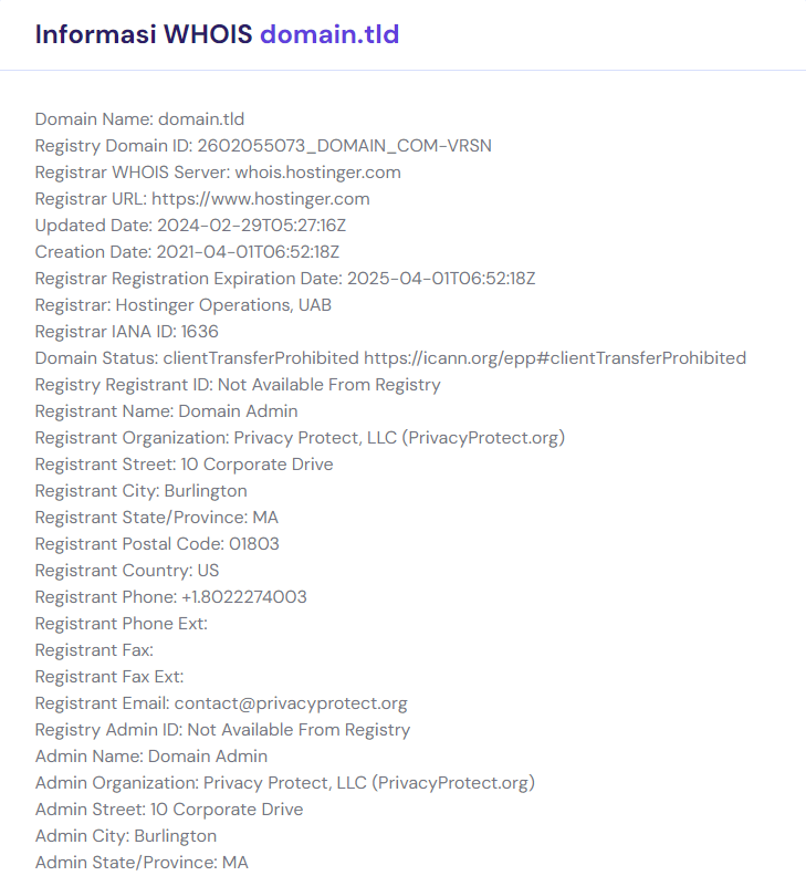 tampilan contoh informasi domain yang dirahasiakan di whois