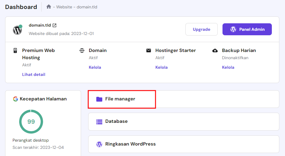 menu file manager di dashboard hpanel