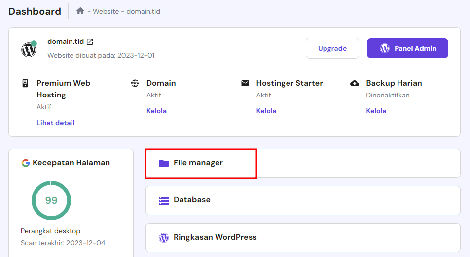 file manager di dashboard hpanel