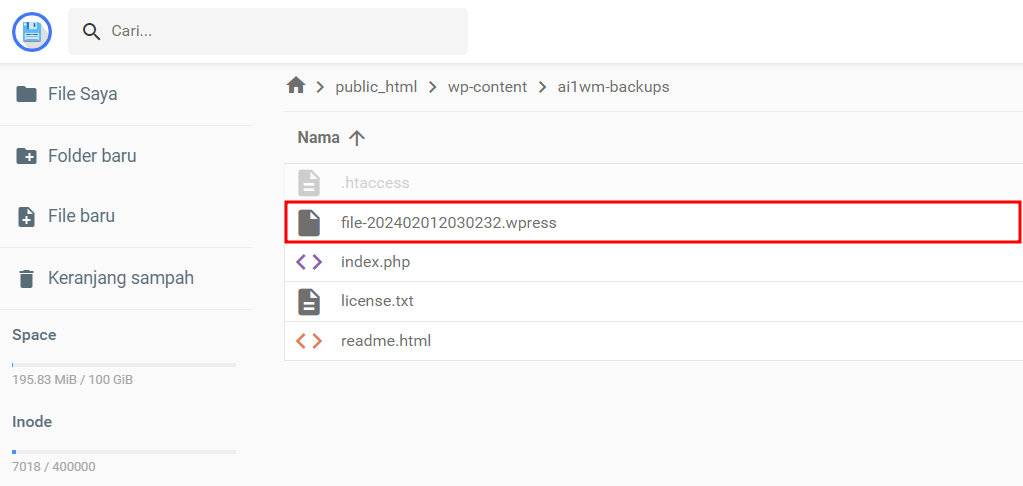 file wpress di file manager hostinger